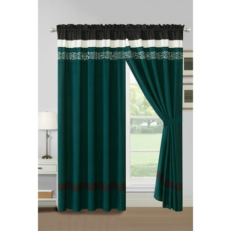 4 Pc Darrell Tribal Damask Scroll Embroidery Stripe Curtain Set