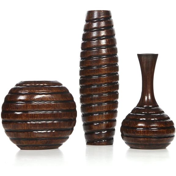 Hosley Set of 3 Carved Wood Vases, 6", 8.15" and 12" Tall Boho Home Decor Vase Set for Table Centerpiece, Living Room and Mantel, Dark Brown