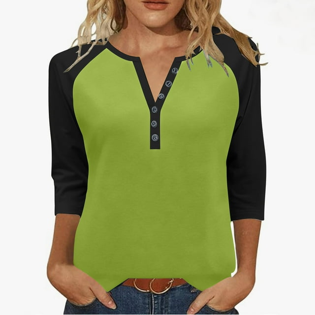 Timegard 3/4 Length Sleeve Womens Tops Button Notched V Neck Drop Shoulder Blouse Color Block Tops