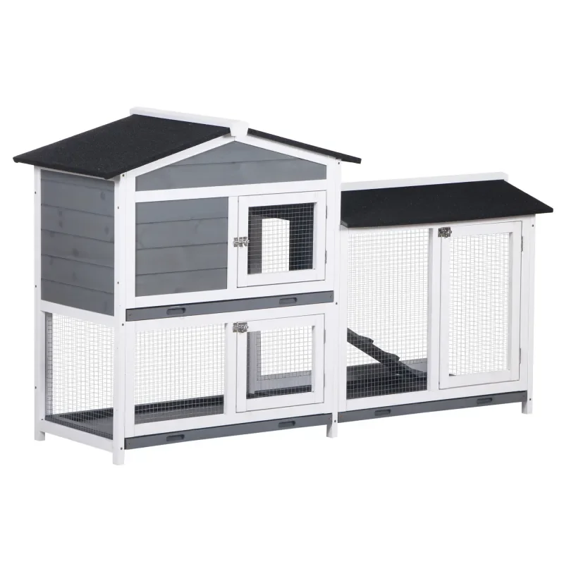 2-Tier Wood Rabbit Hutch with Ramp & Run – Backyard Small Animal House for 1-3 Rabbits, Outdoor Enclosed Cage