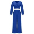 thumbnail image 3 of Women's 2 Piece Outfits V-Neck Puff Long Sleeve Crop Top with Wide Leg Pants Sexy Solid Color Loose Lounge Sets (Blue 2XL), 3 of 5