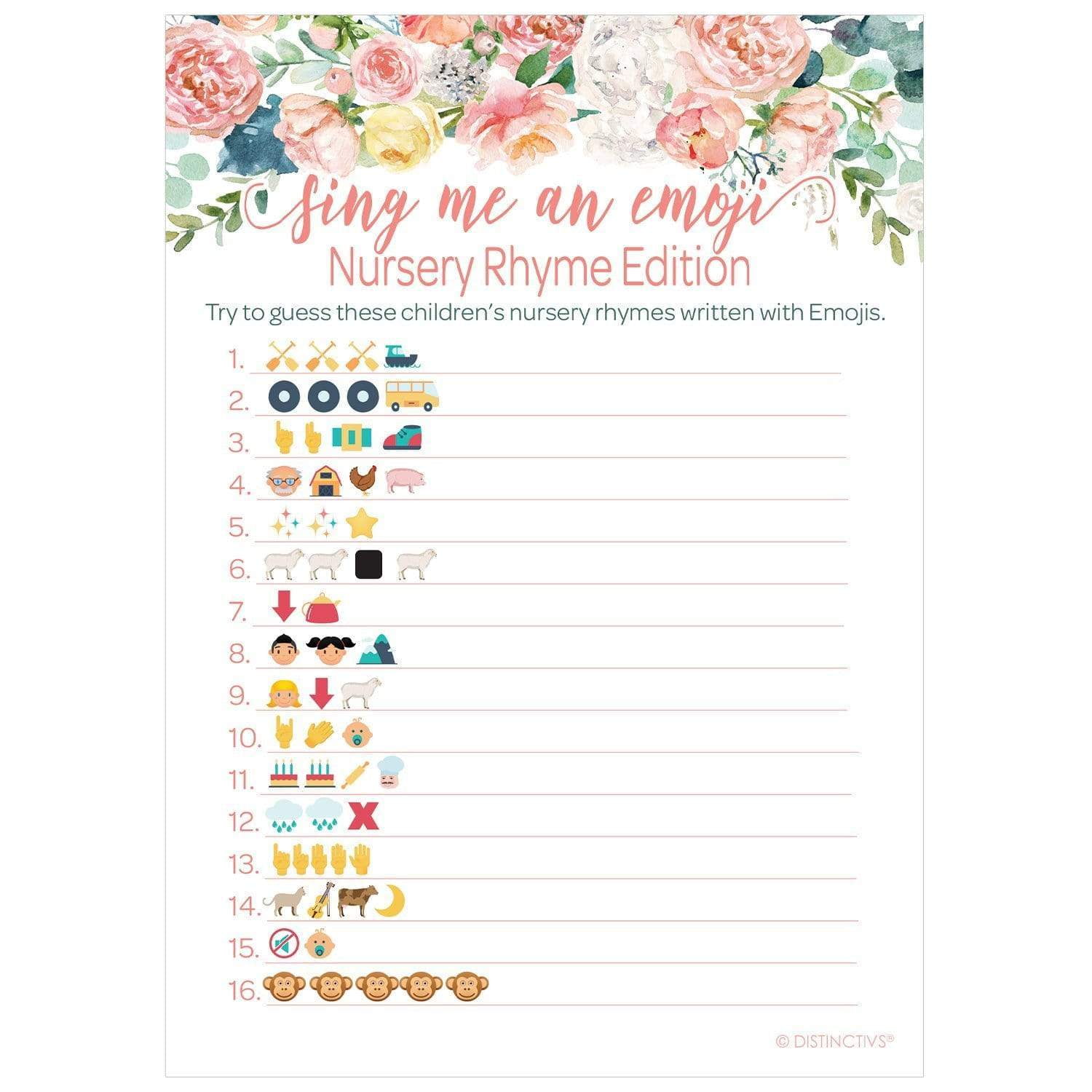 Pink Floral Baby Shower Nursery Rhyme Emoji Game - 20 Players - Party Game -  Distinctivs