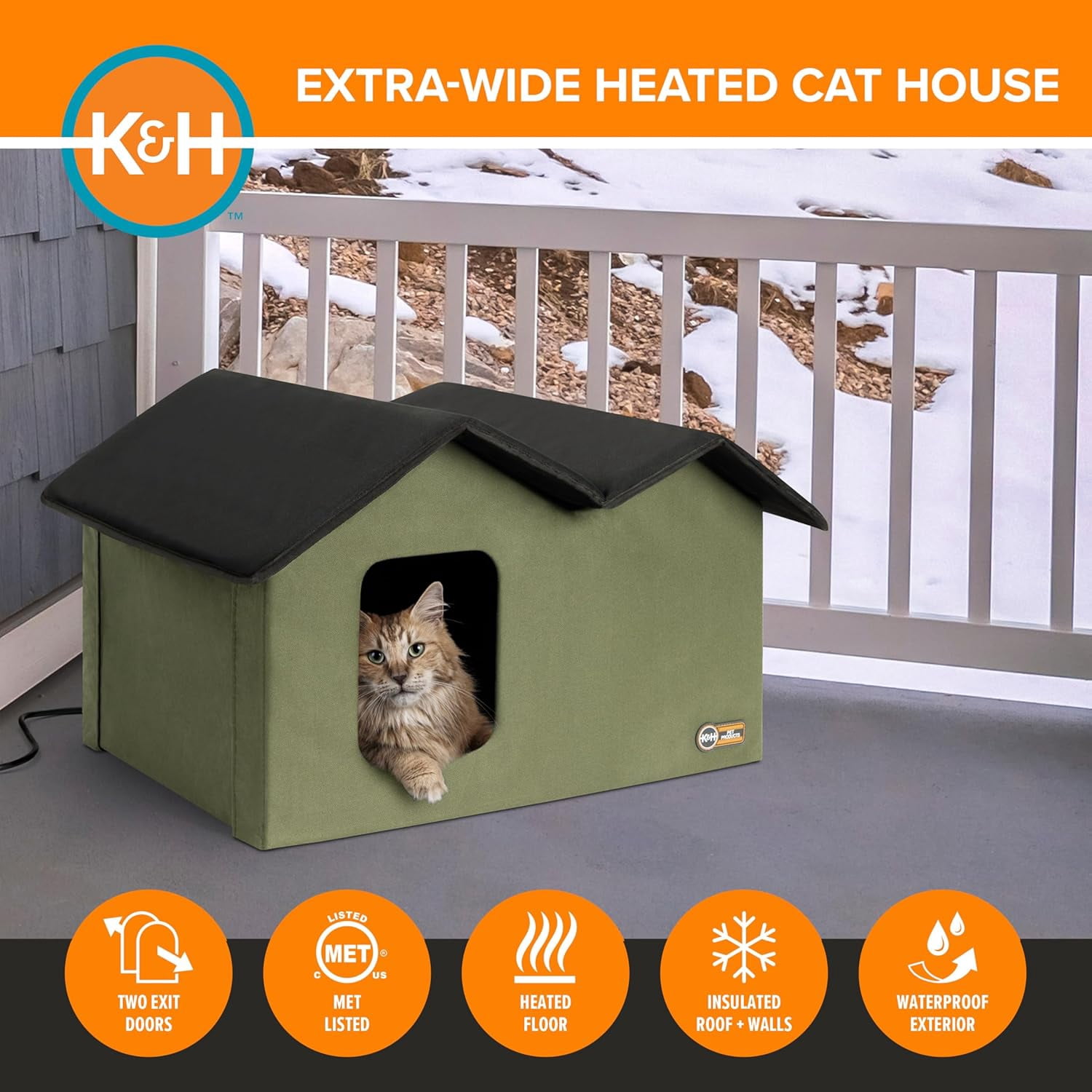 Extra-Wide Heated Cat House for Outside, Outdoor Cat House with 2 Safe Escape Doors, Weatherproof Insulated Stray & Feral Shelter with Waterproof Heated Bed, Safety Listed - Olive