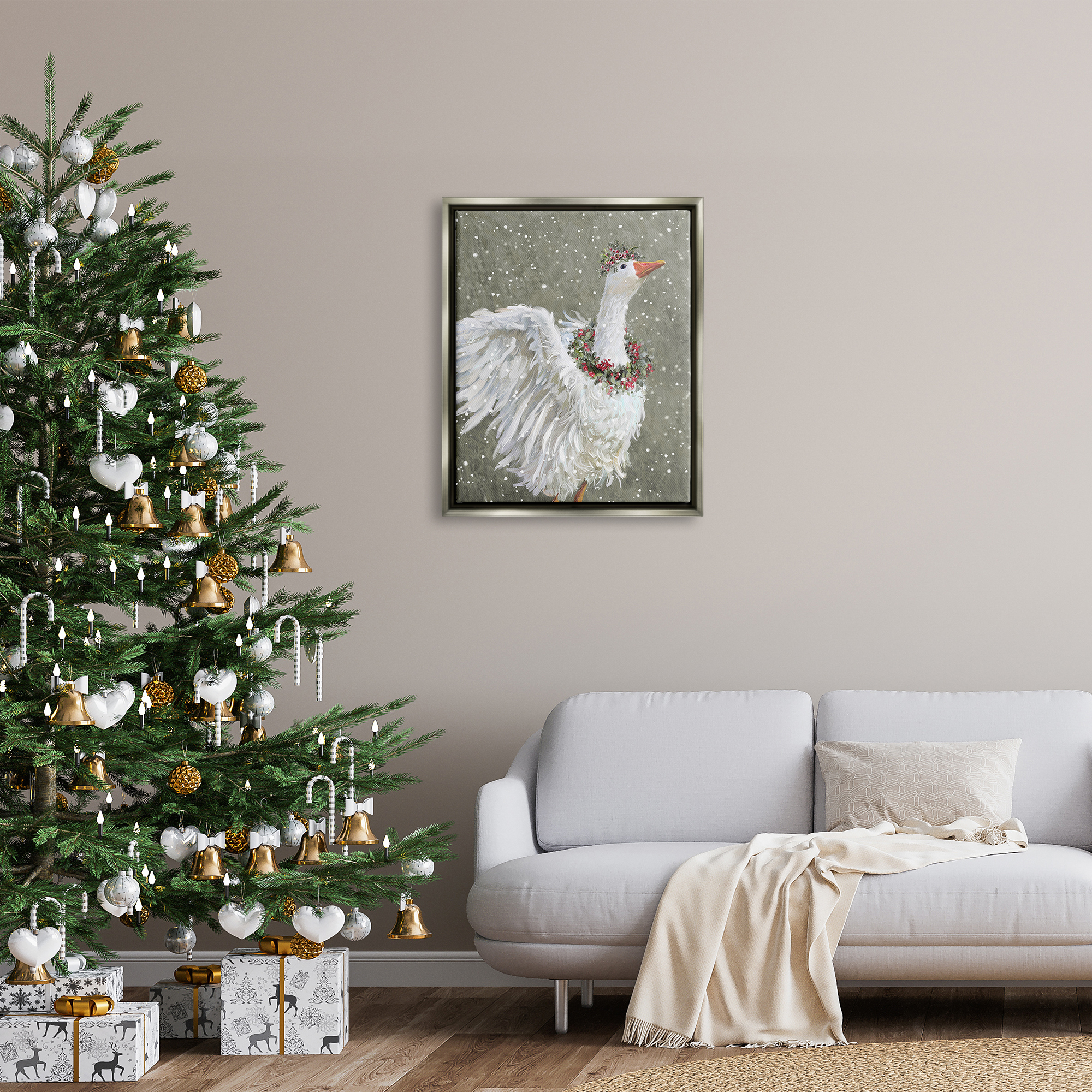 Stupell Industries Winter Goose Seasonal Botanicals Holiday Painting Gray Floater Framed Art Print Wall Art