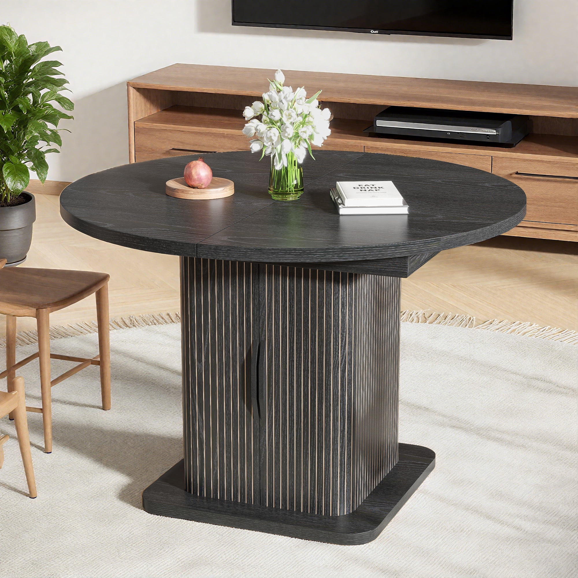 59 Inch Extendable Round Dining Table for 4-6, Kitchen Dining Table with Storage Shelf for Home Living Room, Black
