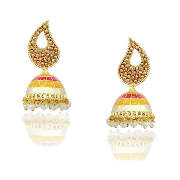 Moonstruck Traditional Indian Golden Minakari Jhumka Earrings With Pearls for Women