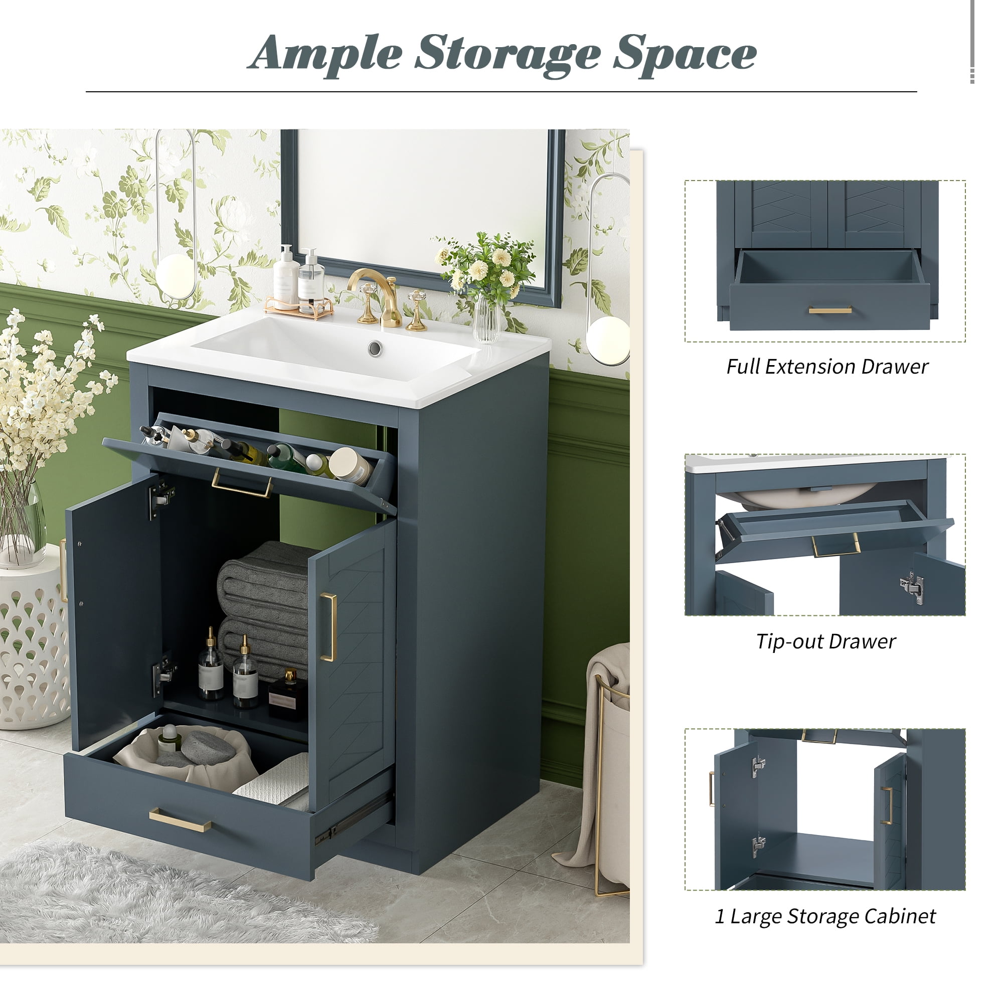Euroco 24" Bathroom Vanity with Integrated Ceramic Sink, Bathroom Cabinet with 2 Doors, 1 Tip-out Drawer, Single Sink Bathroom Vanity for Small and Medium Restroom, Blue