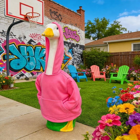 ElegantHaven Cement Goose Pink Hoodie Clothing, Fits 17/23 Inch Geese, Eye-Catching Porch Pet Costume & Garden Decoration, Holiday Photo Prop