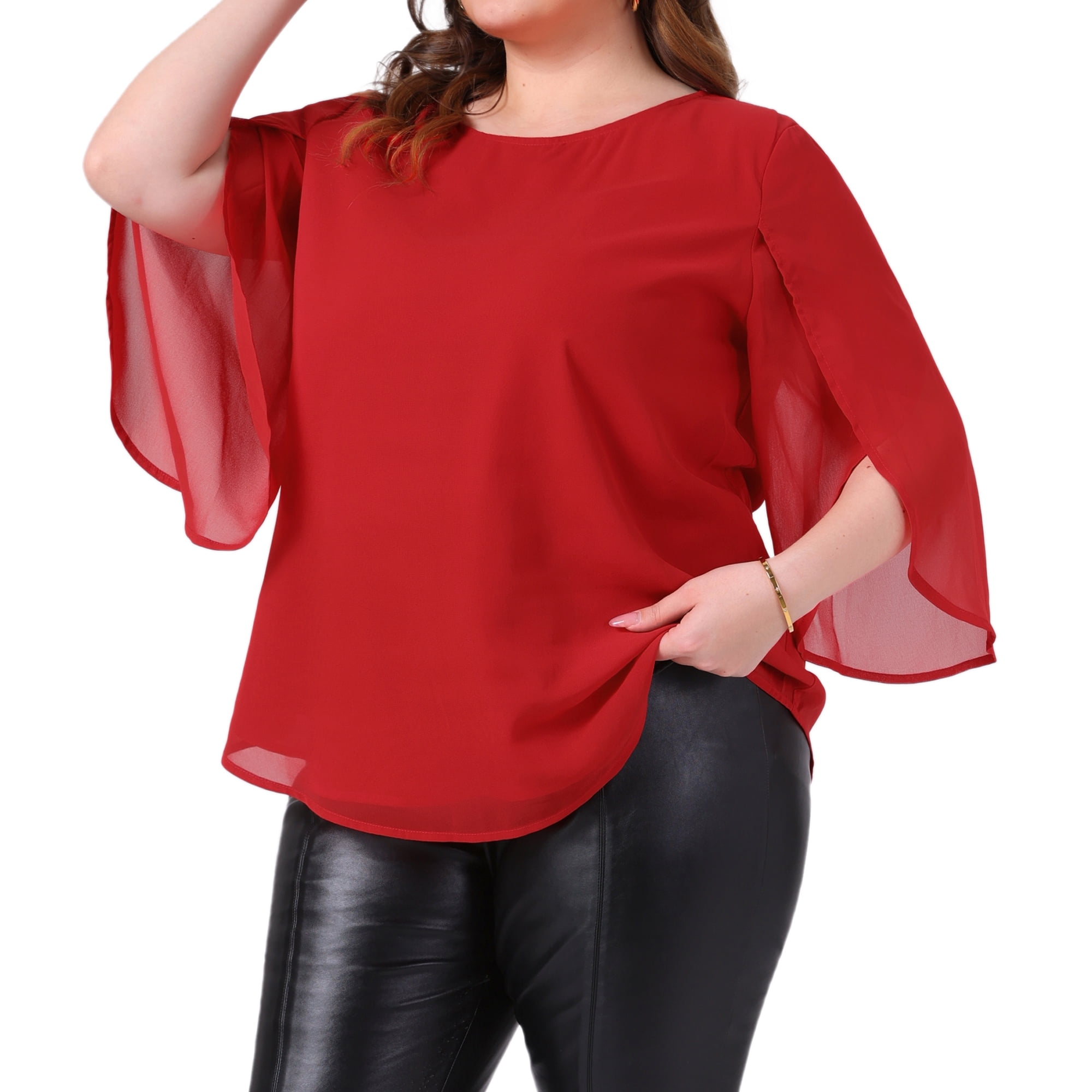 Women's Plus Blouses with Flutter Petal Half Sleeve Chiffon Top 4X Red