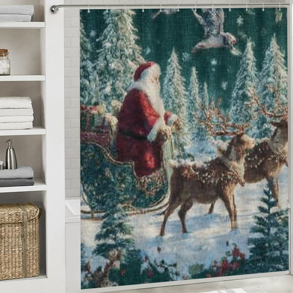 Christmas Shower Curtain, Santa Claus Sleigh Theme Christmas Curtain with Hooks for Home Bathroom Decor Washable Curtains, 72x72 in