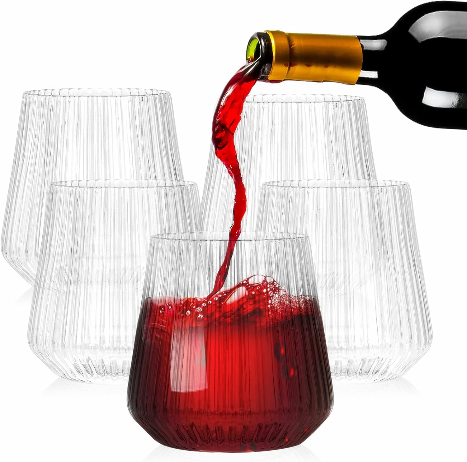 20 Pack Plastic Ribbed Wine Glasses, 12 Oz Unbreakable Stemless Cocktail Cups for Party, Disposable Reusable Origami Style Ridged Drinking Tumbler for Champagne Catering Wedding Picnic Bar
