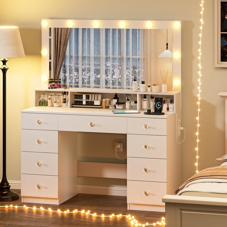 Withe Power White Vanity With Lighted Mirror Makeup Desk Power Outlet 9 Drawers ...