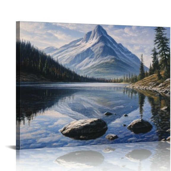 Sheronv Mountain Lake Rocks Canvas Wall Art Print Home Office Decor 20x16in