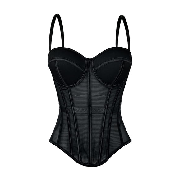 VISALY Mesh Bustier Corset Push Up Spaghetti Strap Mesh Corset Bodysuit Boned Bustier Shapewear Sleeveless Tank Top Vest Camisole Vintage Crop Bustier Top Bra Club Party Vest Camisole Black L