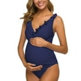 thumbnail image 4 of Ecavus One Piece Maternity Swimsuits Ruffle Flounce Deep V Swimwear Navy S, 4 of 6