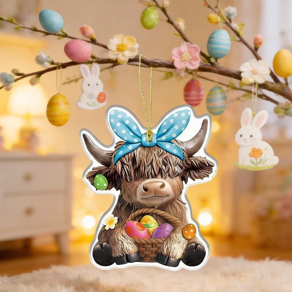 Wooowa Easter Acrylic Highland Cow Pendant, Creative Small Hanging Figurine, Holiday Decor for Door Window Garden