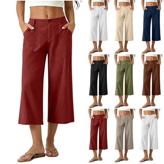 Hvogkswy Linen Capri Pants for Women Button Zipper Waist Straight Leg Pants with Pockets Loose Comfy Summer Outdoor Casual Capri Pants