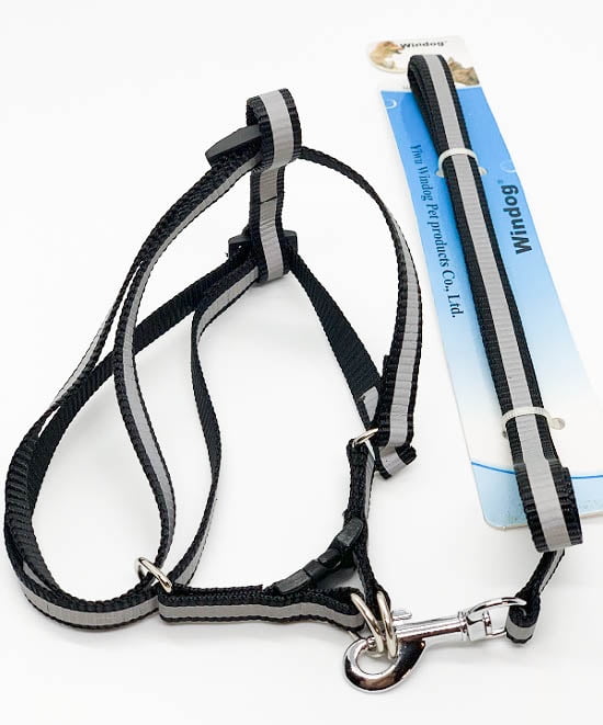 Black Pet Leash & Adjustable Nylon Harness w/ Reflective Coating Small Dog Cat