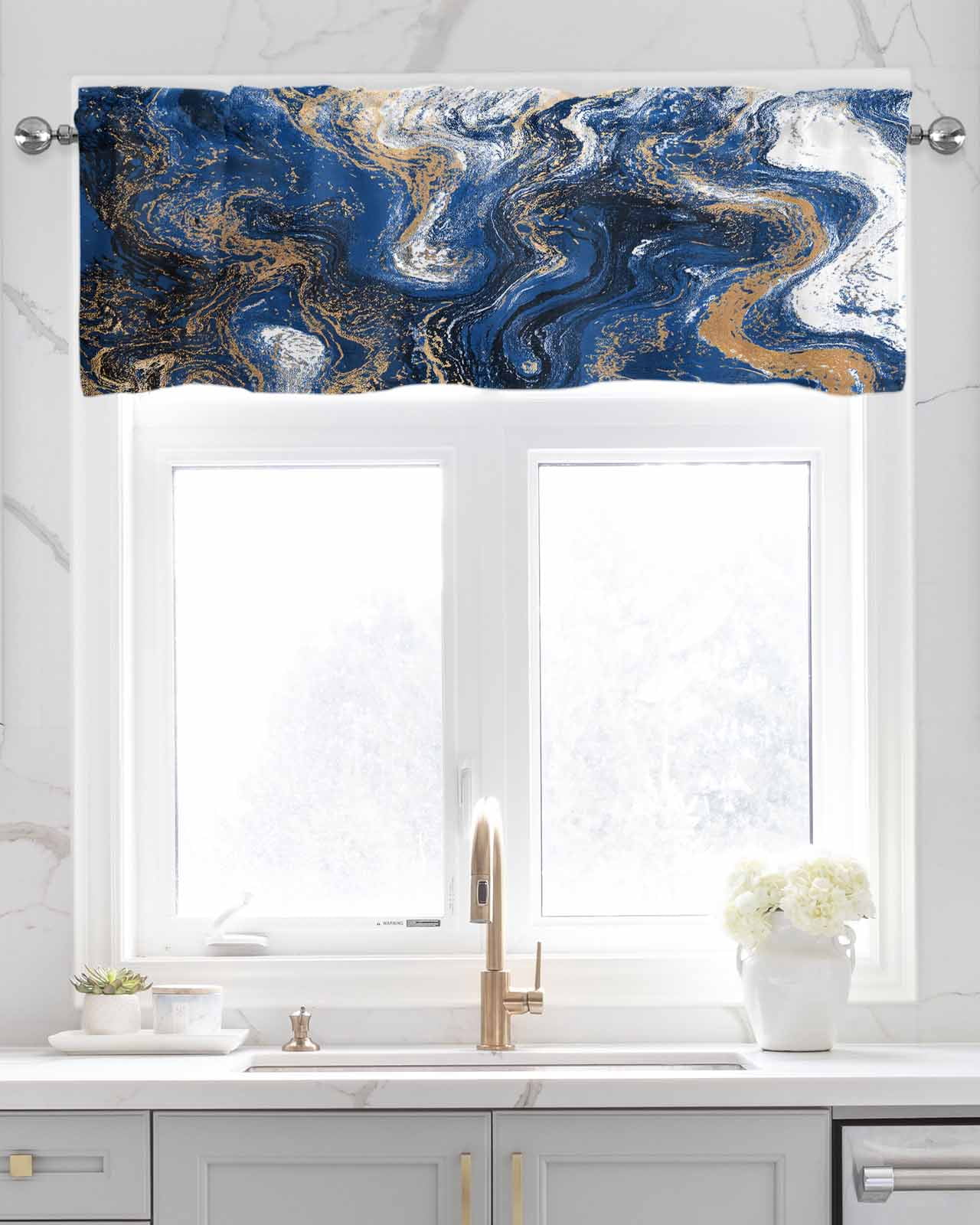 Blue Marble Kitchen Valances for Windows Farmhouse Linen Window Valance Curtain for Living Room Window Treatment Modern Minimalist Abstract Fluid Art Valance Rod Pocket Topper Drape, 42 x 12 Inch