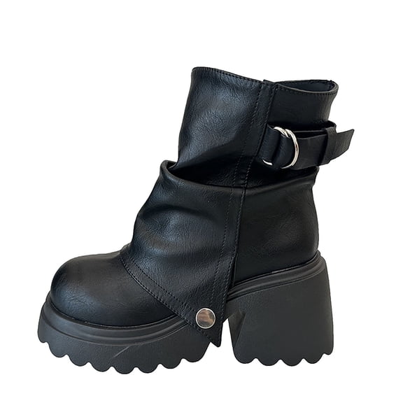 Xfvqtps Womens Square Toe Ankle Boots Chunky Heel Buckle Strap Fashion Booties French Style Slouchy Leather Casual Boots for Women Fall Winter Black