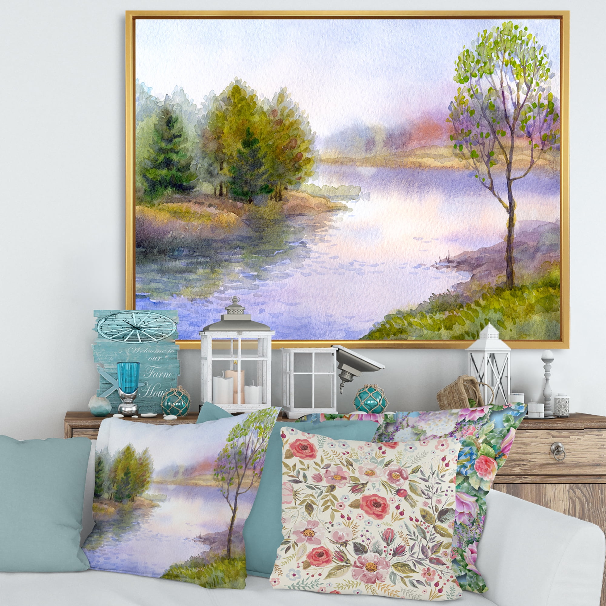 Trees On The Bank Of River 40 in x 30 in Framed Painting Canvas Art Print, by Designart