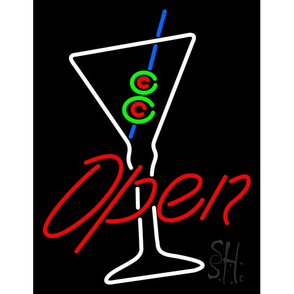 Martini Glass Bar Open LED Neon Sign 24 x 31 - inches, Clear Edge Cut Acrylic Backing, with Dimmer - Bright and Premium built indoor LED Neon Sign for Bar decor.