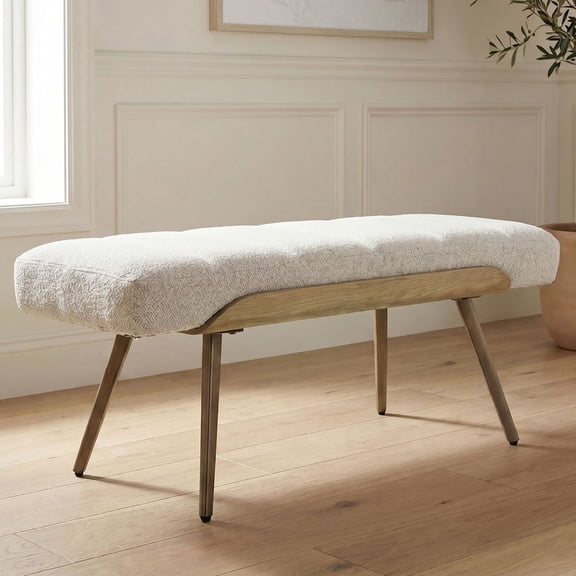 Dayalane 35.5" Mid-Century Modern Boucle Upholstered Bench, Tufted Ottoman Accent Bench with Solid Wood Trim, Bronze Metal Legs for Entryway, End of Bed, Beige