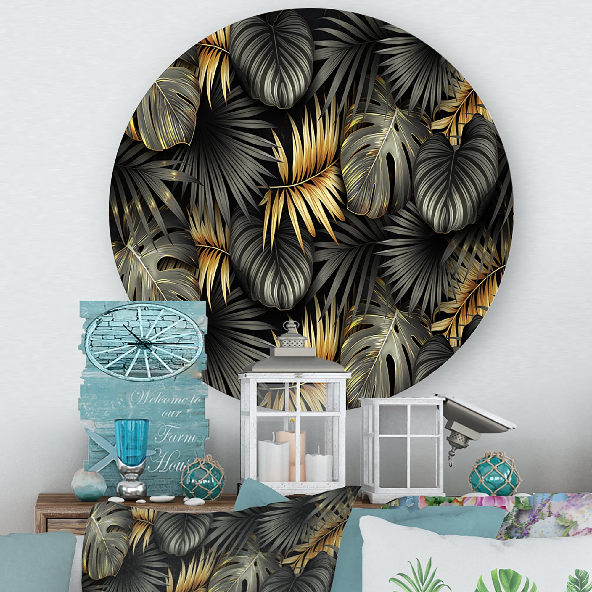 Designart 'Gold and Black Tropical Leaves II' Modern Circle Metal Wall Art 23x23 - Disc of 23