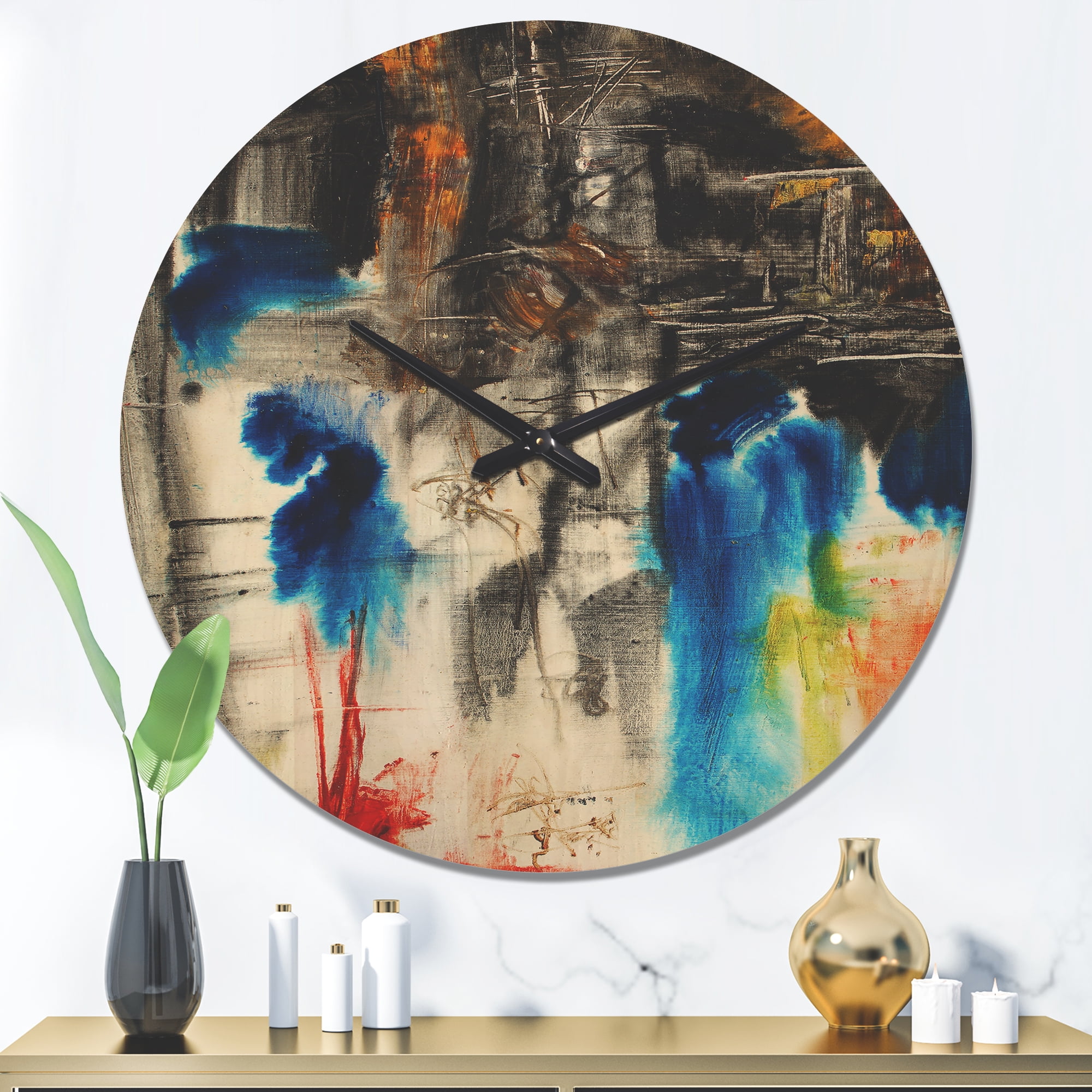 Designart 'Blue Black and Yellow Pattern ' Modern Wood Wall Clock