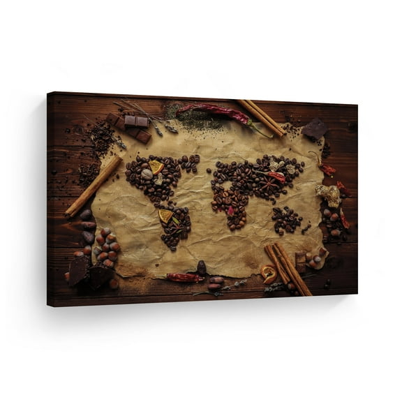 Smile Art Design World Map of Coffee Beans and Spices Vintage Kitchen Canvas Wall Art Print Restaurant Cafe Coffee Shop Dining Room Farmhouse Decor Modern Housewarming Gift 30x40