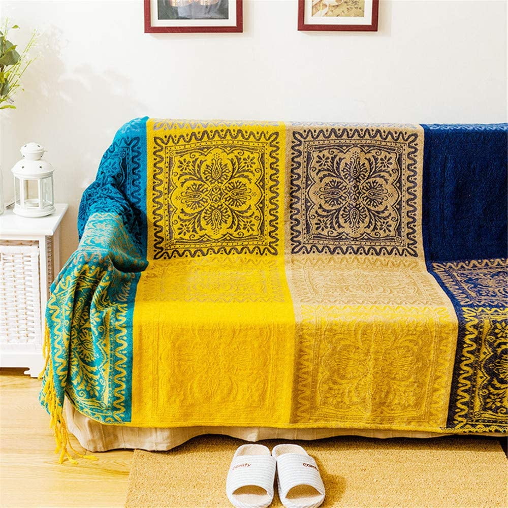 Colorful Boho Throw Blanket for Couch, Chenille Jacquard Reversible