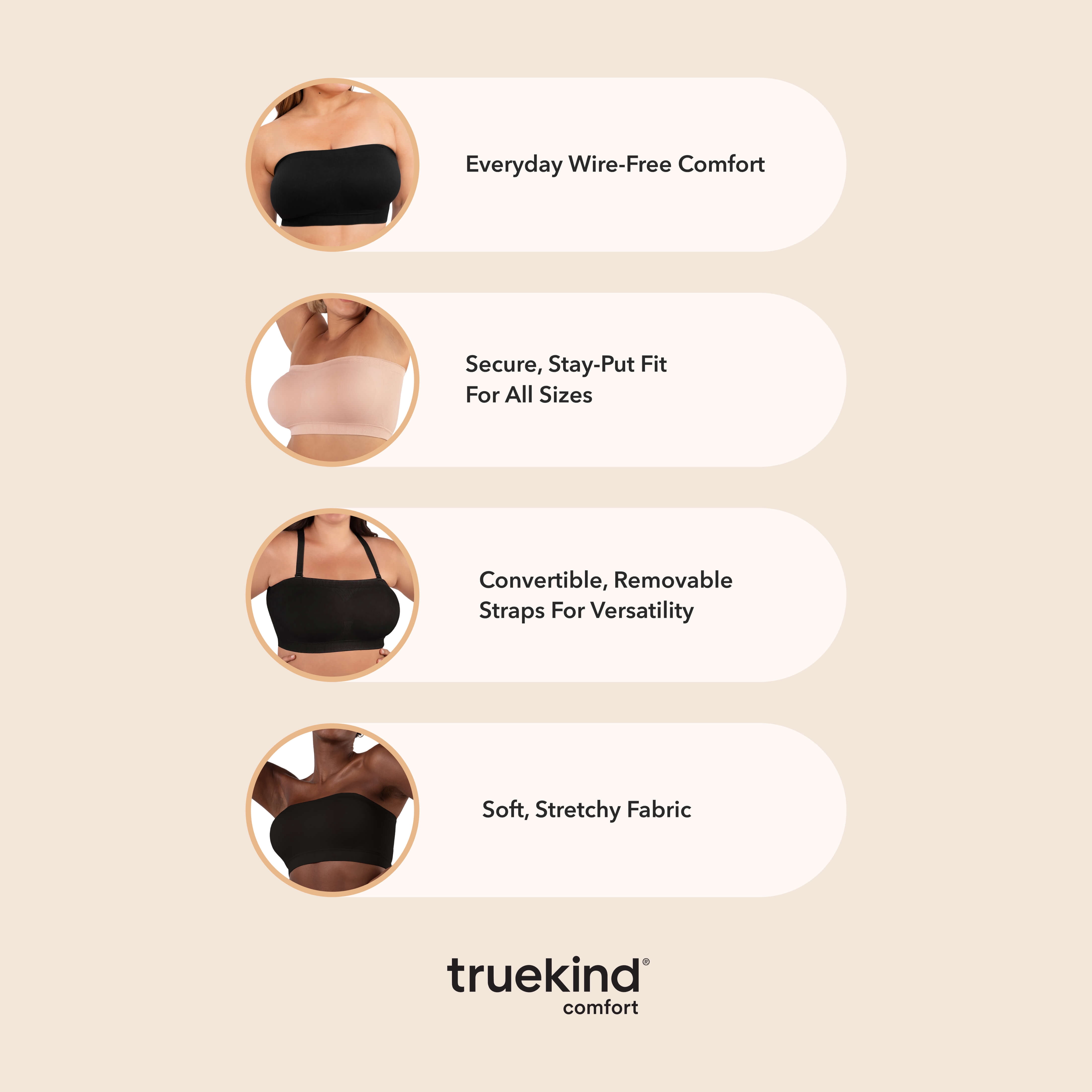 Truekind Comfort Convertible Strapless Bandeau Bra – Women’s Seamless Wire-Free, Removable Straps, Sizes S to 4XL