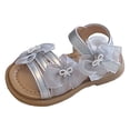 thumbnail image 3 of Ymyiu Toddler Girl Sandals Girl's Bow Flat Slip On Sandals Cute Fashion Trendy Summer Vacation Round Open Toe Summer Slides Sandal Size 7 (Silver,Toddler 7), 3 of 8
