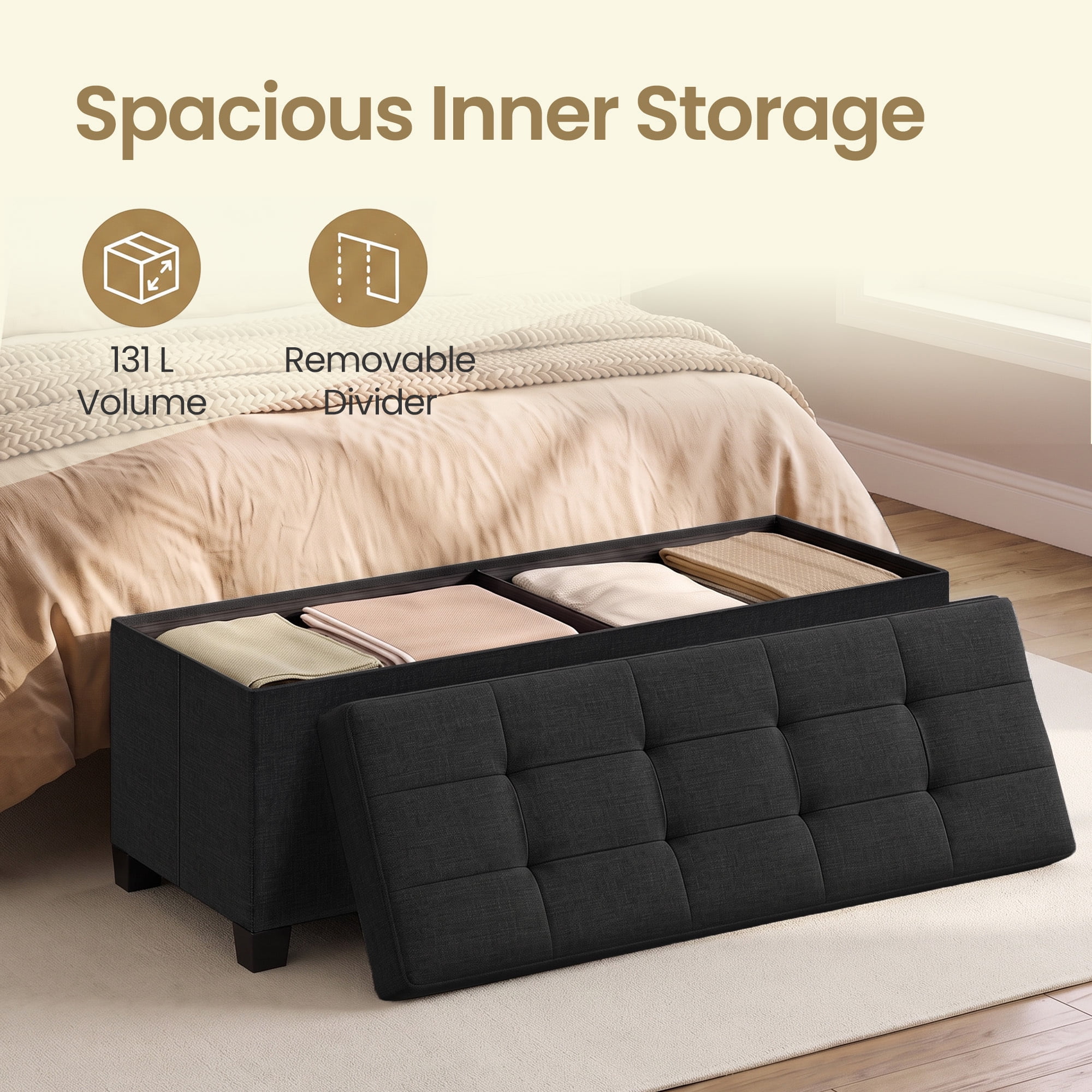 Ledrem Ink Black Folding Storage Ottoman Bench with Footrest, Large