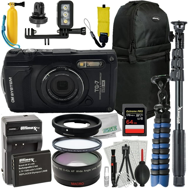 Ultimaxx Deluxe Water OM SYSTEM Tough TG-7 Digital Camera Bundle in black, featuring a 12MP BSI CMOS sensor, TruePic VIII image processor, and a 3-inch LCD monitor. The bundle includes a 64GB Extreme Pro memory card, extended life replacement battery, AC/DC rapid charger, protective UV filter, 0.43x wide-angle lens with macro attachment, adapter ring, water-resistant sling backpack, mini flexible tripod, underwater LED light, 48-inch monopod, hand strap, USB-C cable, rechargeable lithium-ion battery, floating wrist strap, floating handle, and a 7-piece maintenance kit. Ideal for outdoor and underwater photography with vertical video support and USB-C connectivity.