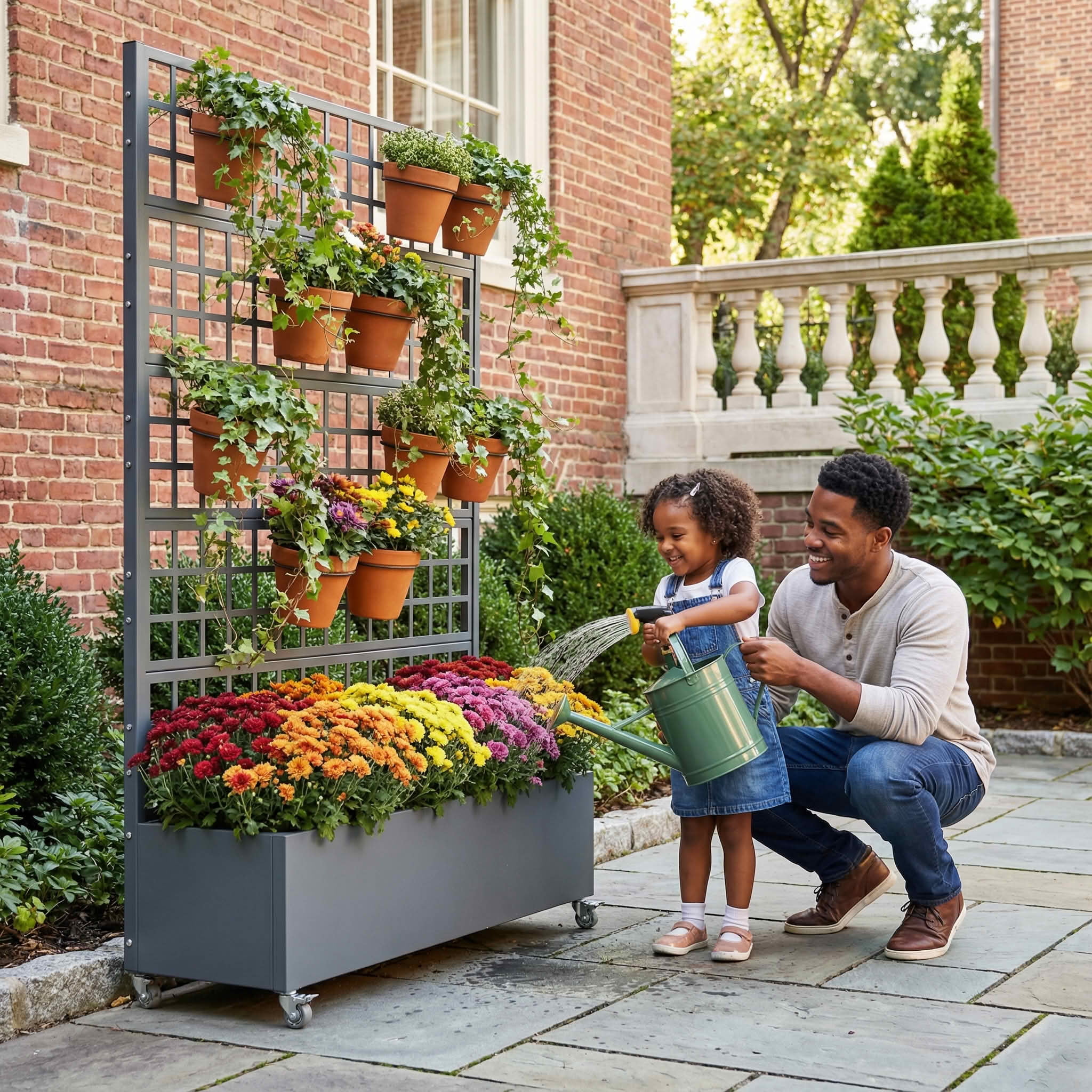 MAYEERTY 72X47" Metal Outdoor Cambrian Gray Privacy Screen with Planter Box for Backyard & Garden, 5 Piece Set