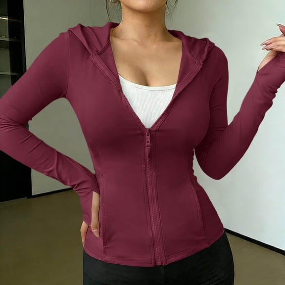 RKSTN Zip up Hoodie Women UPF 50  Sun Protection Jacket Plus Size Solid Color Comfy Long Sleeve Shirts Spring Summer Thumb Loop Tapered Waist Jacket