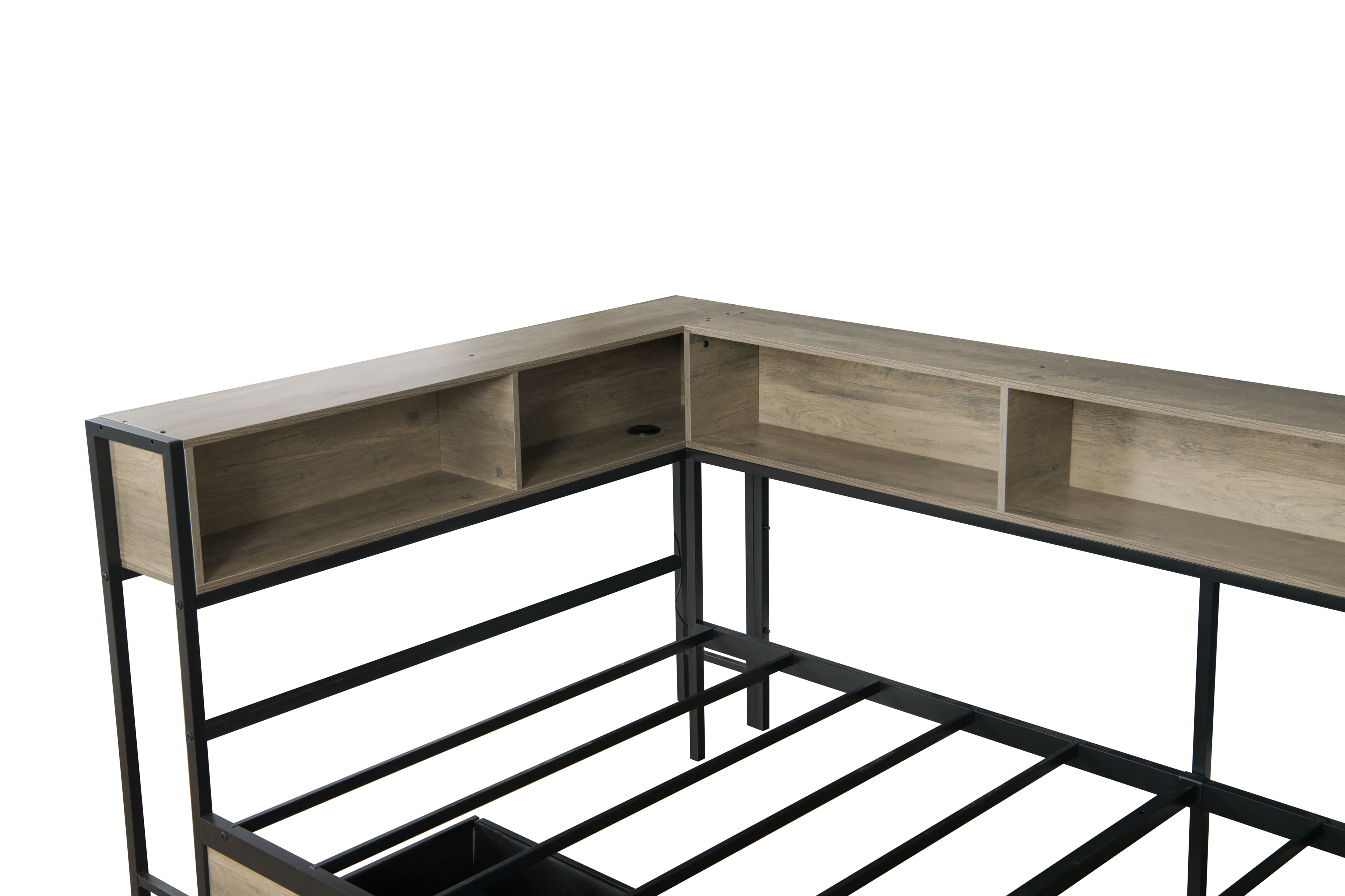 Yoneston Twin Corner Bed Frame with Bookcase Storage and Lights & Charging, Reversible Daybed with 2 Drawers & Integrated Desk for Bedroom, Grey