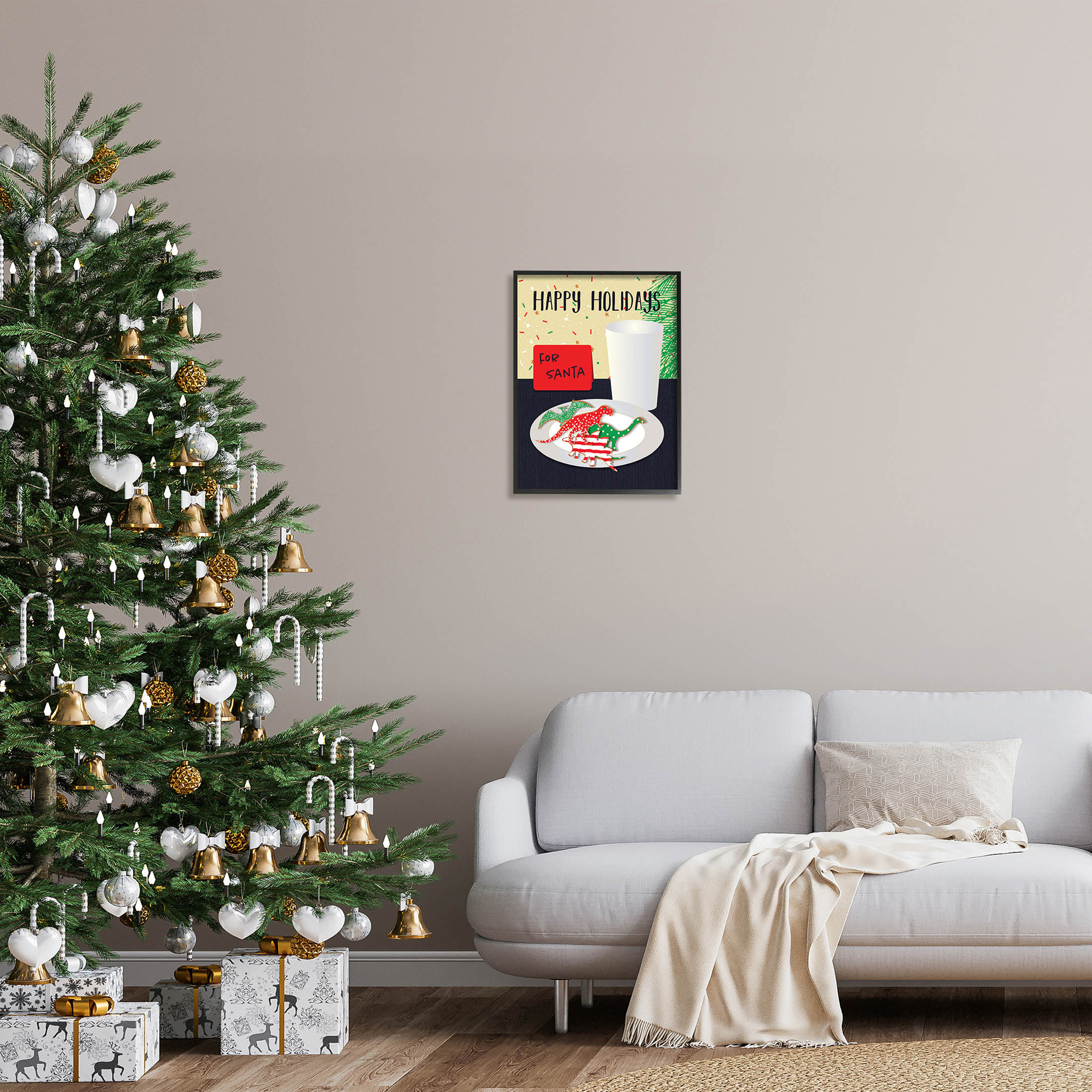 Happy Holidays Dinosaur Santa Cookies Holiday Graphic Art Black Framed Art Print Wall Art