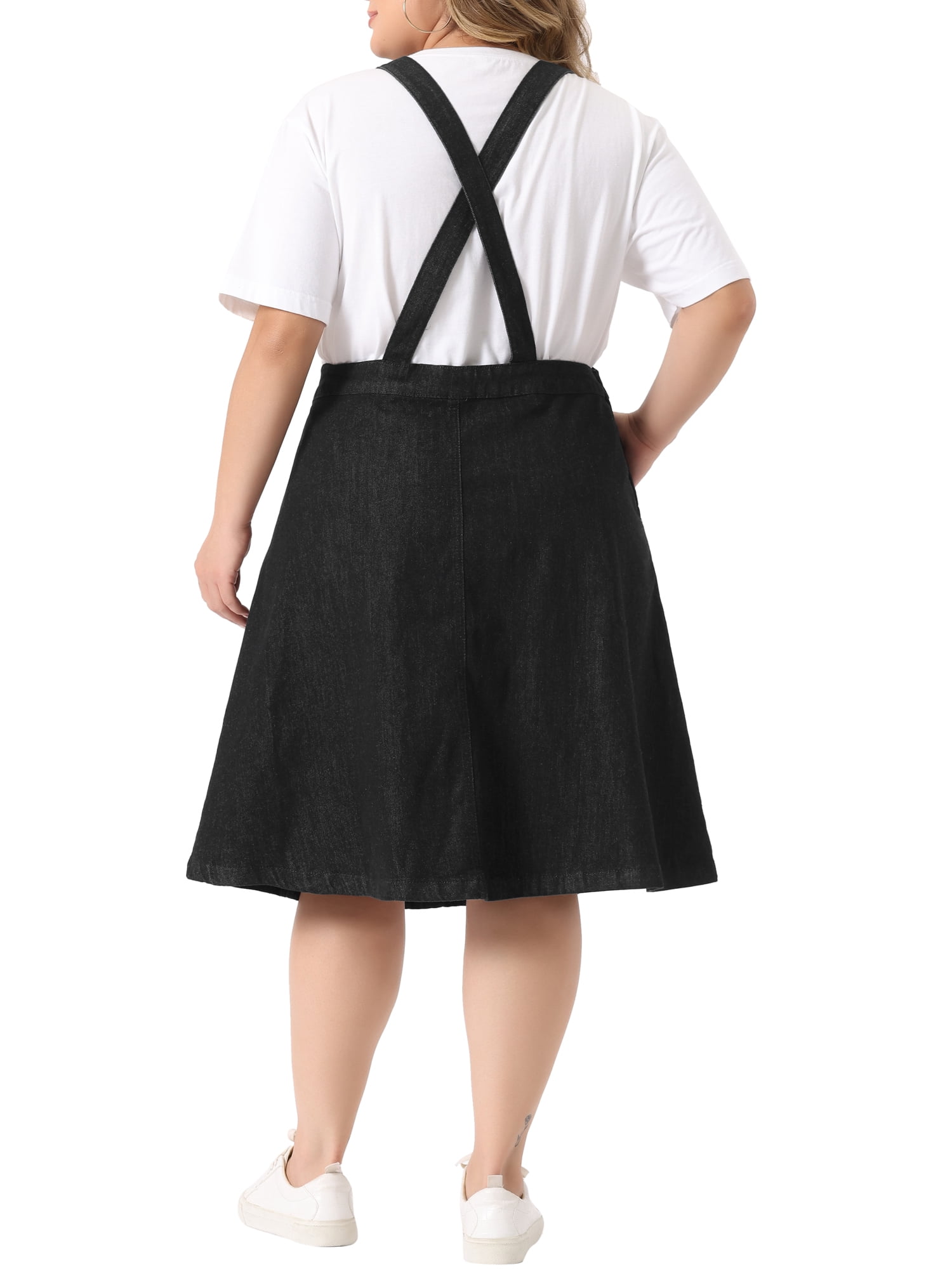 Unique Bargains Women's Plus Size Overall Button Up Adjustable Strap Denim Dress 3X Black