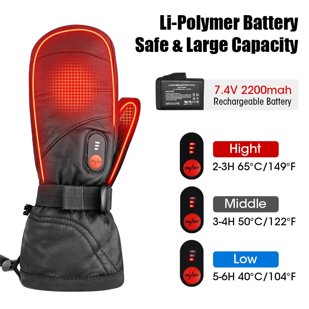 Sun Will Black Leather Waterproof Snow Gloves, Rechargeable Heated Touch Screen Warm Ski Mittens S-2XL