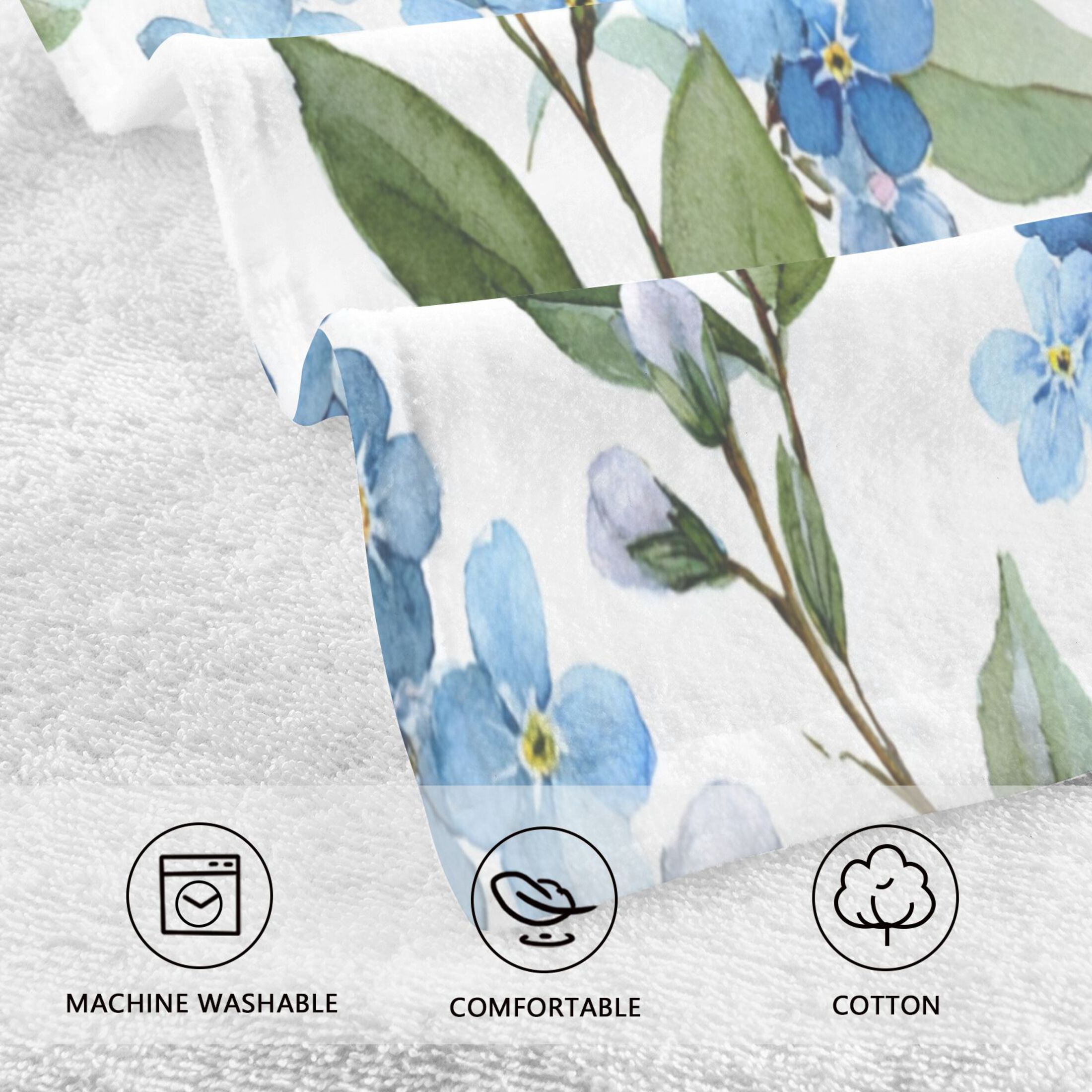 2 Pieces of Cotton Towel Face Towel Set Hand Towel Bath Towel Cotton Bath Towel Sets Beautiful Blue Flowers Cute