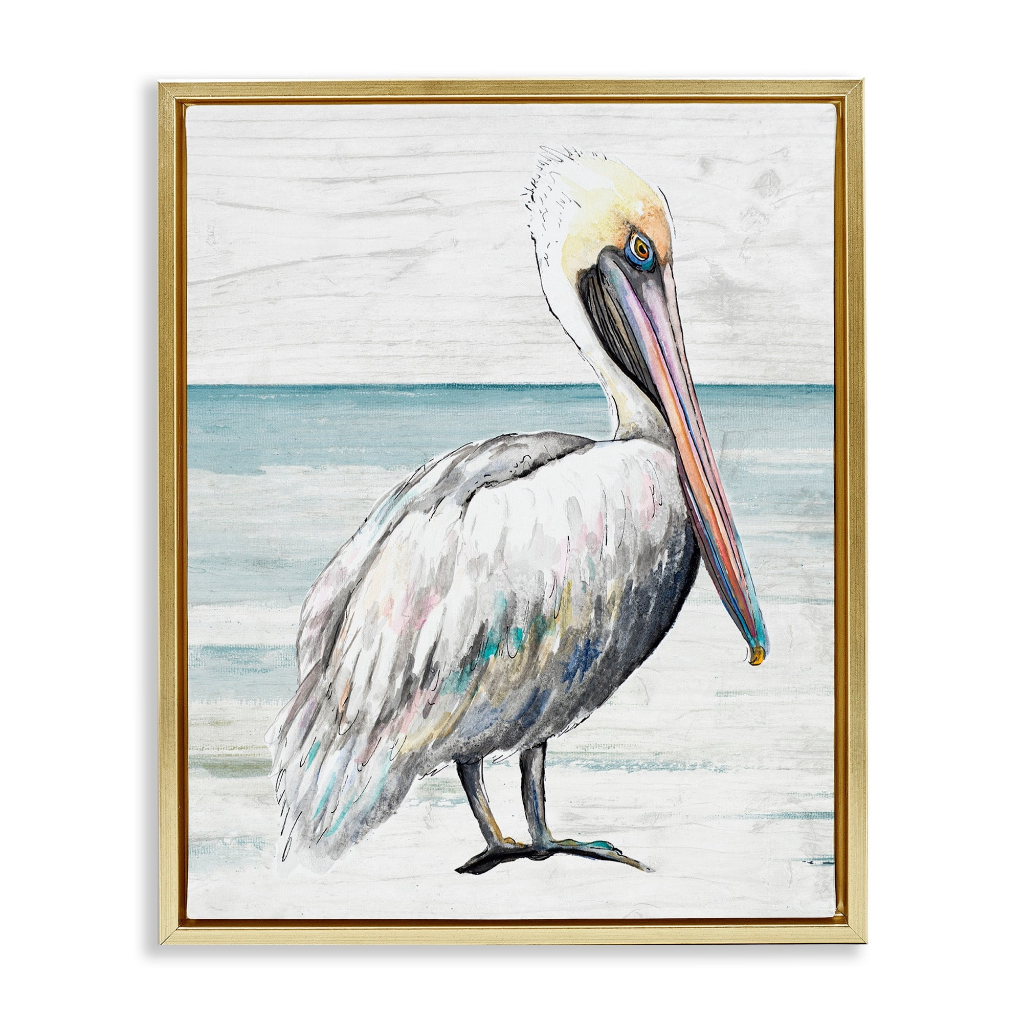 Stupell Industries Rustic Pelican Bird Beach Shoreline Portrait Graphic Art Metallic Gold Floating Framed Canvas Print Wall Art, Design by Patricia Pinto