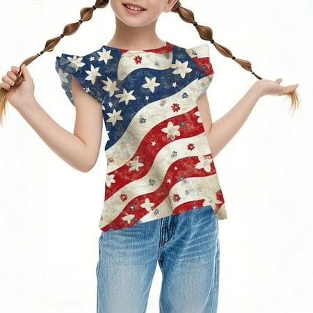 WTOBBY Kids Pleated Short Sleeve Cute Floral Print Round Neck Casual Top for Children - Ideal for Girls Independence Day Celebrations Dark Blue 160
