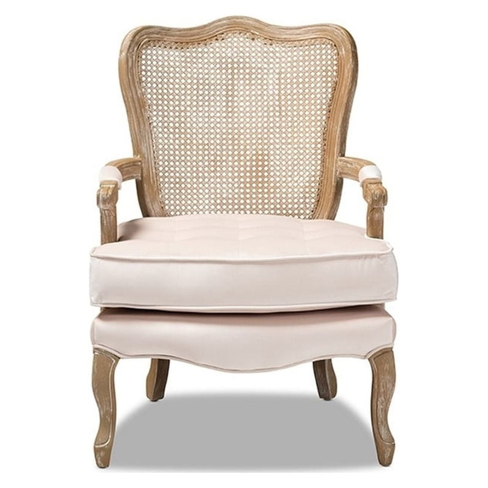 Baxton Studio Vallea Traditional French Provincial Light Beige Velvet Fabric Upholstered White-Washed Oak Wood Armchair