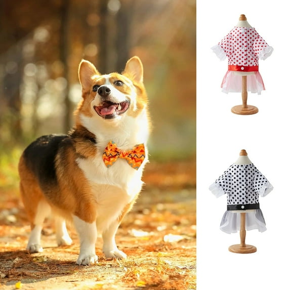 opvise Pet Tulle Dress Round Neck Mesh Stitching Lace Cuffs Polka Dot Printing Pet Cat Dog Princess Dress Black