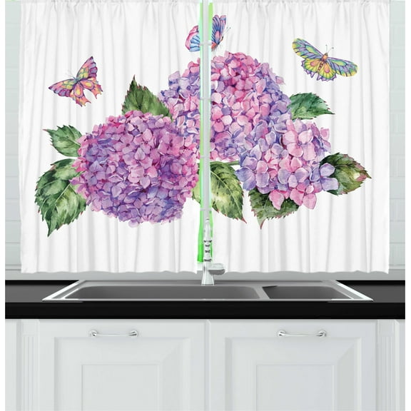 Ambesonne Flowers Insects Kitchen Curtains, Hydrangea Leaves, 55"x45", Peacock Green Multicolor