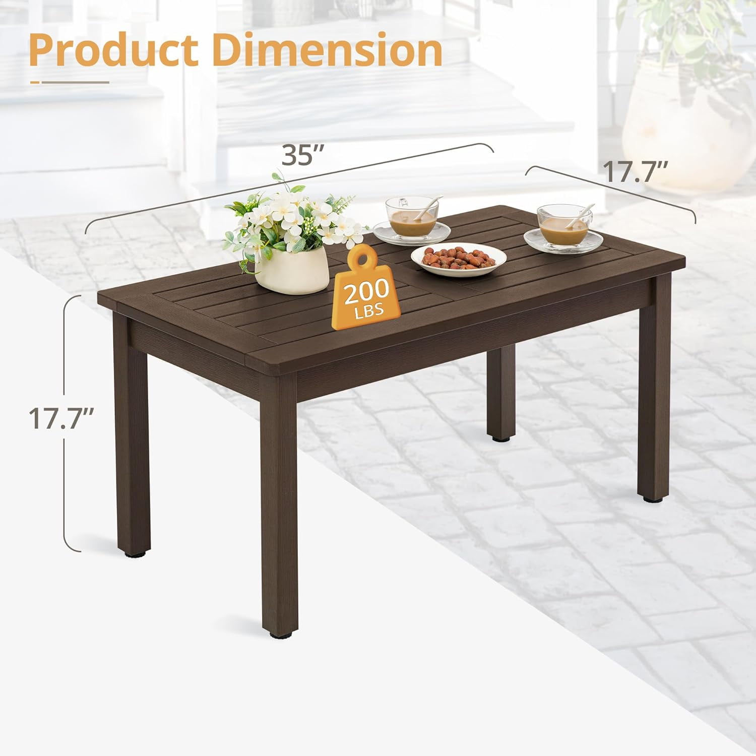 Dycanpo Outdoor Coffee Table Rectangle, HDPS Patio Tables for Outside, 17.7"x 35"x17.7", Dark Brown