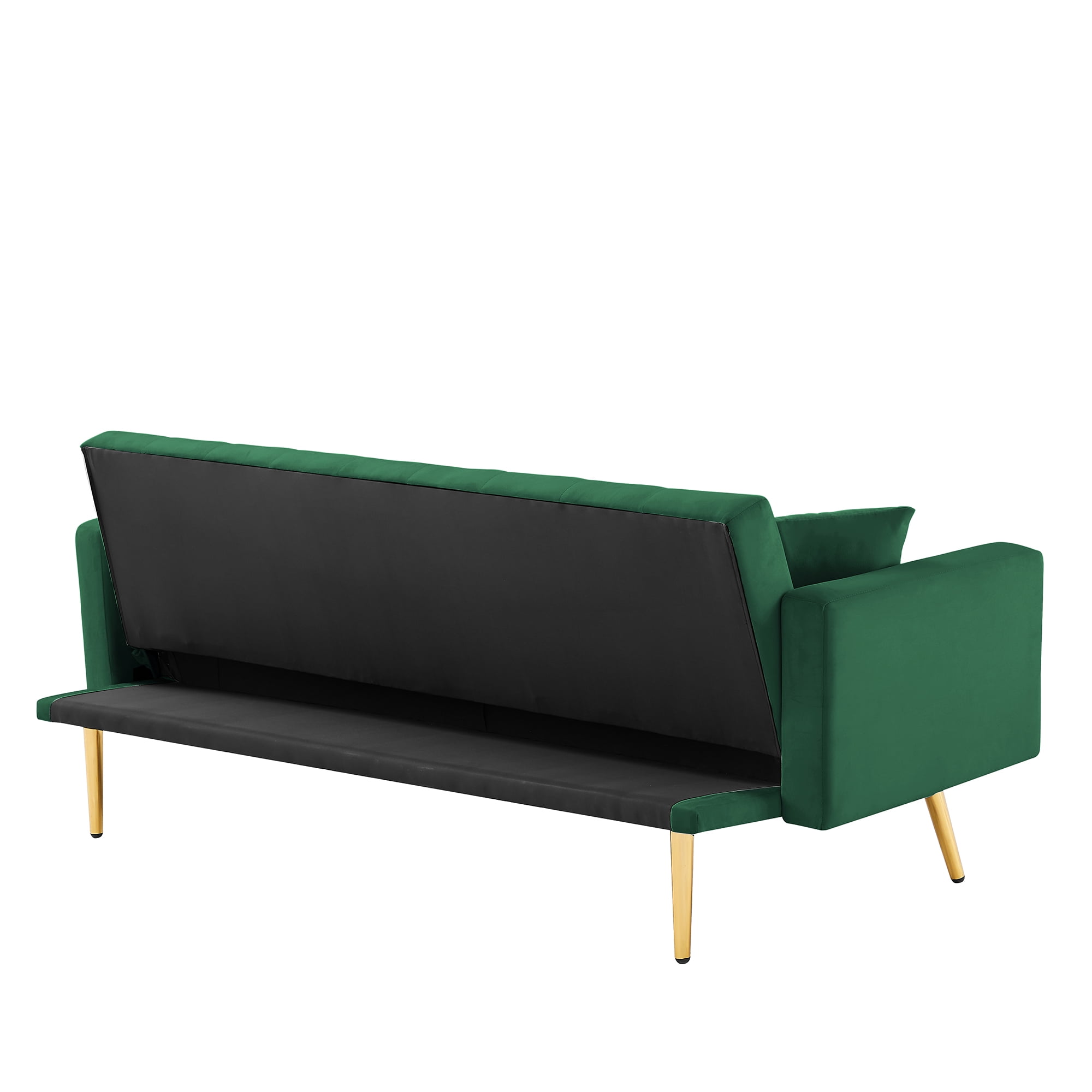 Kadyn Velvet Upholstered Sofa, Modern Convertible Folding Futon Sofa Bed for Apartment, Living Room Sofa with 2 Throw Pillows, Green