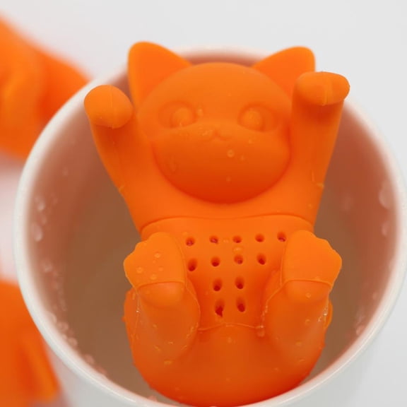 KONTONTY Orange Cat Shaped Silicone Tea Infuser with Fine Slots, Herbal Loose Leaf Tea Filter, Fun and Design